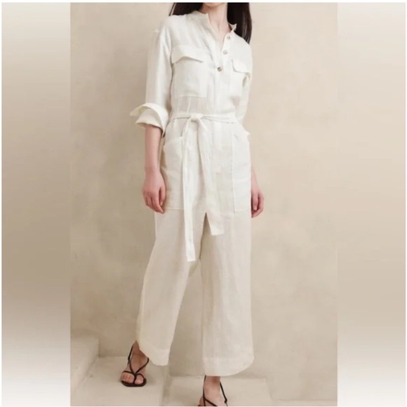 NWT! Banana Republic White Lisa Linen Wide Leg Jumpsuit - Small - Picture 1 of 6